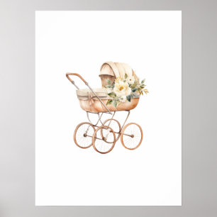 Oude babywagen met bloemboeket poster