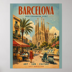 Oude Barcelone-reisposter met Middellandse Zee Poster
