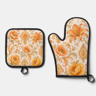 Oude Barokke Bloempatroon – Warm Oranje/Goud Ovenwant & Pannenlap Set