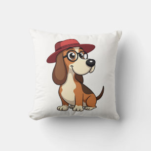 Oude Basset Hound Cartoon in Rode Hoed Cute Hond I Kussen