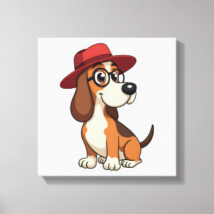 Oude Basset Hound Cartoon in Rode Hoed Schattige H Canvas Afdruk