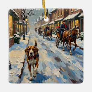 Oude Beagle op Besneeuwde Victoriaanse Kerststraat Keramisch Ornament