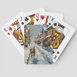 Oude Beagle op besneeuwde Victoriaanse kerststraat Pokerkaarten