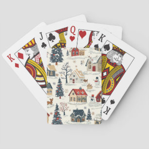 Oude besneeuwde cottages Rode marineblauwe Kerst Pokerkaarten