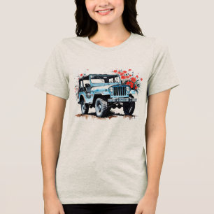 Oude Blauwe 4x4 Terreinwagen Met Bloemen Tri-Blend Shirt