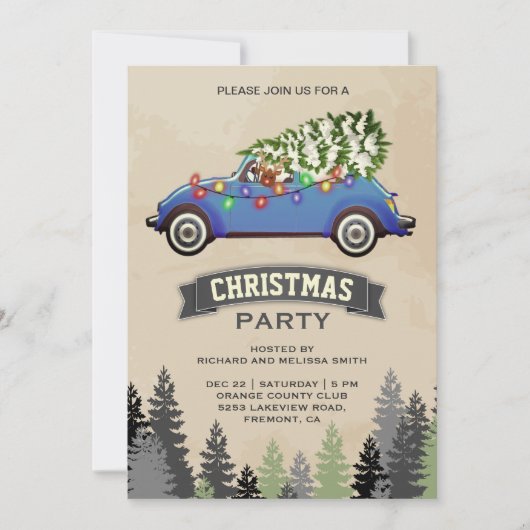 Oude Blauwe Auto Kerstfeest Kaart (Voorkant)