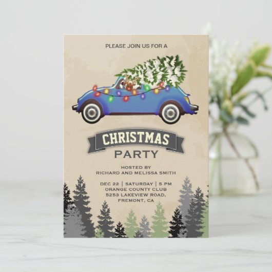 Oude Blauwe Auto Kerstfeest Kaart (Staand voorkant)