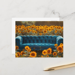 Oude blauwe bank in zonnebloemen briefkaart