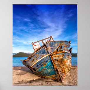 Oude blauwe boot van de Seashore Poster