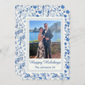 Oude Blauwe en Witte Bloem Kerstkaart (Voorkant / Achterkant)