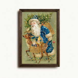 Oude Blauwe Kerstman Rendier slee Poster
