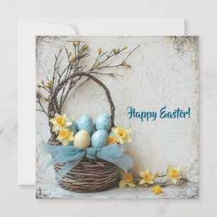 Oude blauwe paaseieren aquarel narcissen feestdagenkaart