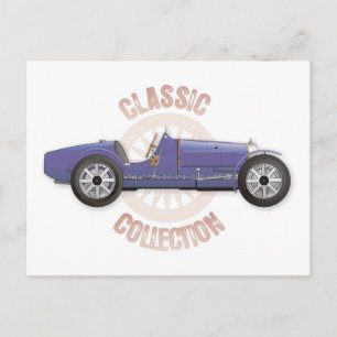 Oude blauwe  racewagen op het spoor briefkaart