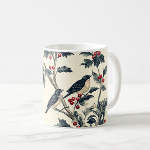 Oude Blauwe Vogel Hulst Kerst Crème Rood Koffiemok