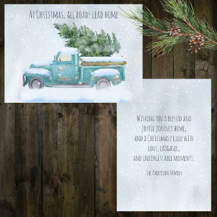 Oude blauwe vrachtwagen met kerstboom feestdagenkaart