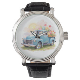 Oude blauwe vrachtwagen met paaseieren en tulpen horloge