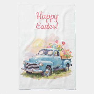 Oude blauwe vrachtwagen met Pasen eieren & tulpen Theedoek