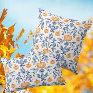 Oude Blauwe Witte Herfst Oranje Pompoenen Kussen