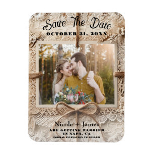 Oude Bloem Kant Jute Rustieke Save the Date Magneet