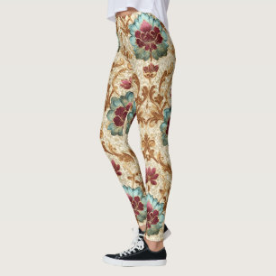 Oude bloemendamask in turquoise en bordeauxrood leggings
