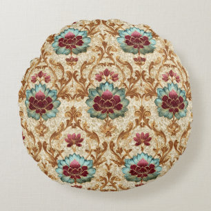 Oude bloemendamask in turquoise en bordeauxrood rond kussen