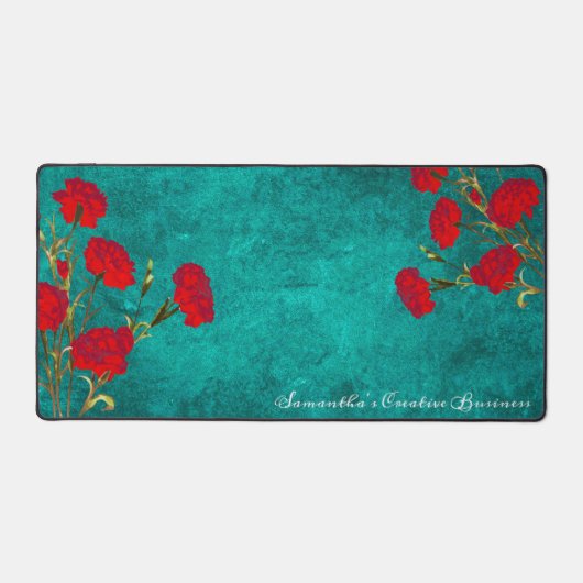 Oude Bloemendesign Rode Anjer Naam Toevoegen Teal Bureaumat (Voorkant)