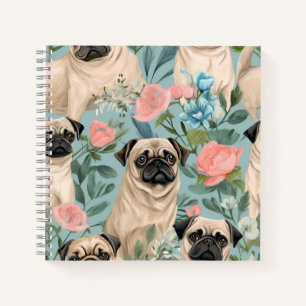Oude Bloemige Pug Patroon Mooie Botanische Hond Notitieboek