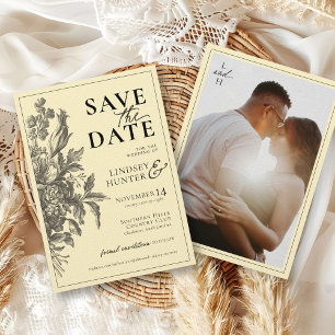Oude Bloemige Zwarte & Boter Gele Foto Bruiloft Save The Date