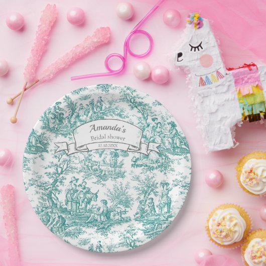 Oude bloemmotief turquoise toile de jouy papieren bordje (Feest)