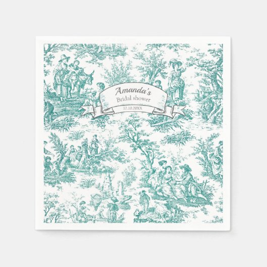 Oude bloemmotief turquoise toile de jouy servet (Voorkant)