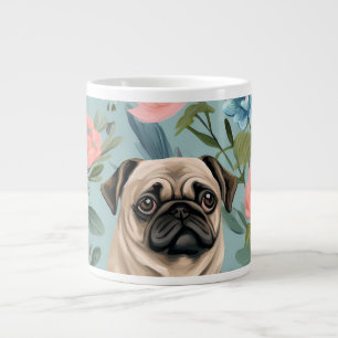 Oude Bloemrijke Pug Patroon Mooie Botanische Hond Extra Grote Beker