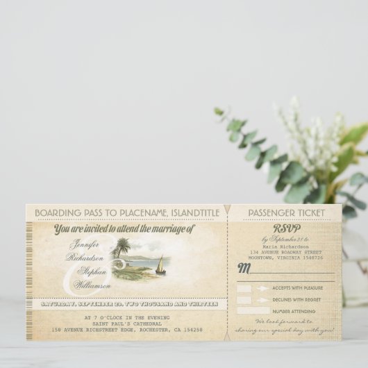 oude boardingpass strand bruiloft uitnodigingen me (Staand voorkant)