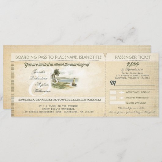 oude boardingpass strand bruiloft uitnodigingen me (Voorkant / Achterkant)