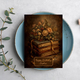Oude boeken en herfstbloemen kaart