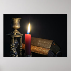 Oude boeken en zandloper op donkere achtergrond poster