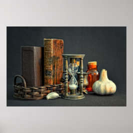 Oude boeken en zandloper poster