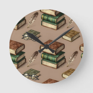 Oude boeken veren bril patroon ronde klok