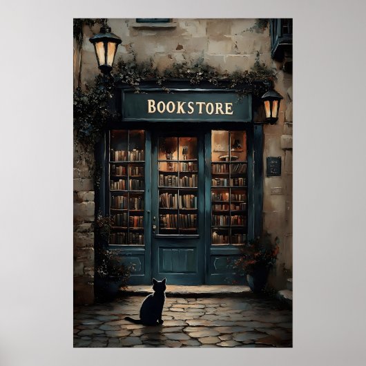 Oude Boekwinkel En Kat Print, Boek Kat Liefhebber Poster (Voorkant)
