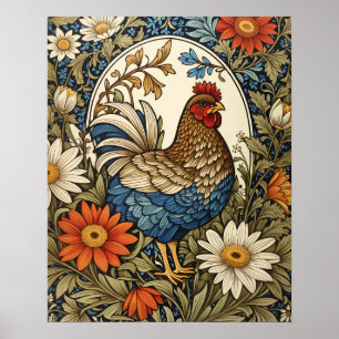 Oude boerderij kip en madeliefjes poster