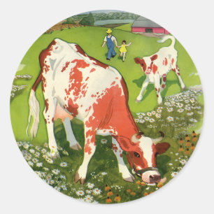 Oude boerderijdieren, grazende koeien met boer ronde sticker