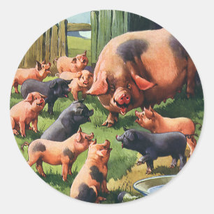 Oude boerderijdieren, varken met knuffelende bigge ronde sticker