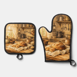 Oude boerderijkeuken schort ovenwant & pannenlap set