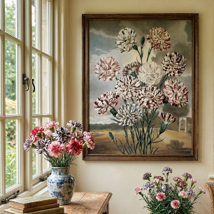 Oude bonte anjerbloemen met grijze lucht poster