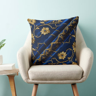 Oude borduurlook Blauwe Gouden Bloemen Kussen