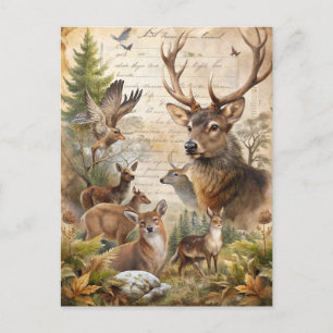 Oude bos herten herfstloof antiek briefkaart