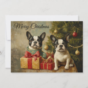 Oude Boston Terrier Honden Prettig Kerstfeest Feestdagenkaart