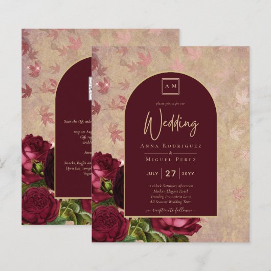 Oude botanische dieprode rozen trouw gouden tekst (Voorkant / Achterkant)