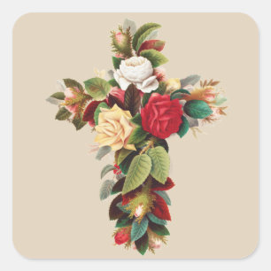 Oude botanische kruis van rozen religieuze kunst vierkante sticker