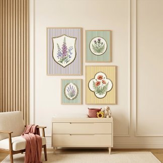Oude botanische rode klaprozen en varen geel gestr poster