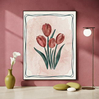 Oude botanische rode tulpen en waterverf blush poster